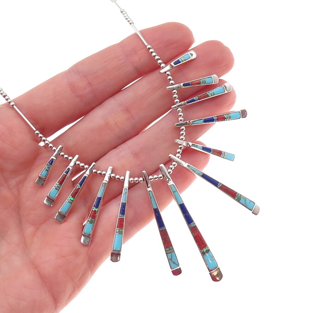 Old Pawn 925 Sterling Silver Vintage Turquoise Coral Lapis Opal Necklace 16-18"